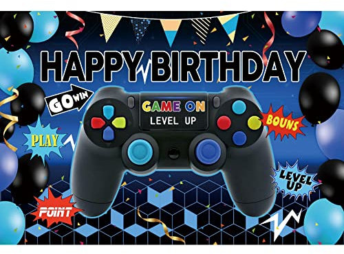 Aoihrraan 1,5x1m Video Game On Backdrop Gamepad Balloons Ribbons Celebrate Level up Gaming Theme Photography Background Boys Happy Birthday Party Cake Table Supplies Portrait Photo Studio Props