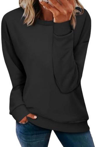 NEYOUQE Damen Tshirt Pullover Longshirt Langarm Einfarbig Rundhals Seitenschlitz Lässig Pulli Sweatshirt Damen Schwarz M