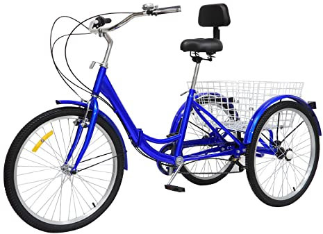 DENEST Dreirad für Erwachsene 24 Zoll Lastenfahrrad 3 Rad Fahrrad 7 Gang Erwachsene Dreirad mit Rückenlehne und Shopping Korb (Blau)