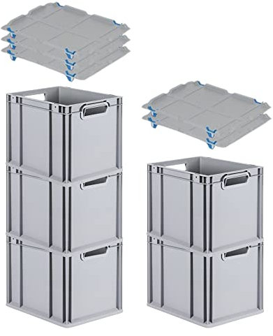 PROREGAL SparSet 5x Eurobox NextGen Grip mit Auflagedeckel & 4 blauen Schiebeschnappverschlüssen, HxBxT 32x30x40cm, 30 L, Grau, Griffe offen, Eurobehälter, Transportbox