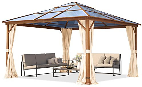 TOOLPORT Garden gazebo 4x4 m hardtop polycarbonate roof, wood finish, 4 side panels in champagne