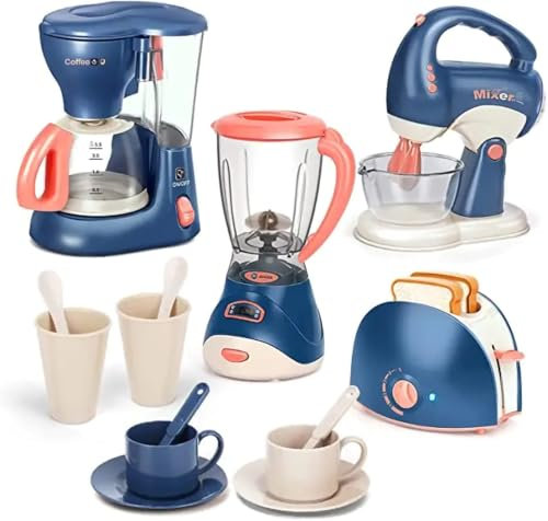 COO11 Kids Kitchen Play Toys Set, Coffee Maker, Toaster, Blender and Mixer with Light and Sound, Realistic Role Play Kitchen Gift for Girls and Boys Ages 3+ Years