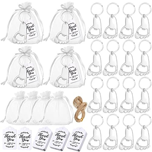 Jeanoko 24 Set Baby Footprint Portachiavi Bomboniere con Sacchetti di Organza Etichette di Ringraziamento Rope Baby Kids Shower Favors per Baby Boys Girls Shower Party