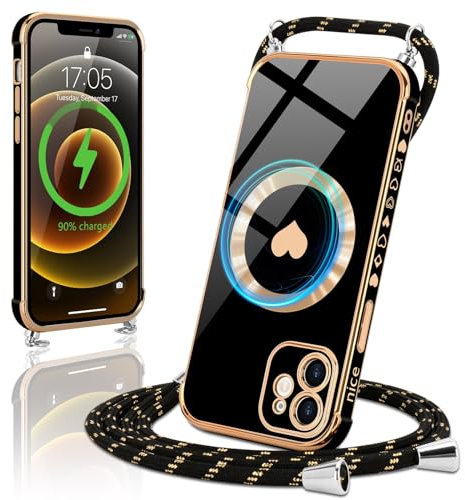 Micoden Magnetische Handykette für iPhone 12 Necklace Hülle mit Band kompatibel mit Magsafe Kameraschutz Galvanik Herz Silikon Case Kordel zum Umhängen Handyhülle Stoßfeste Schutzhülle,Schwarz