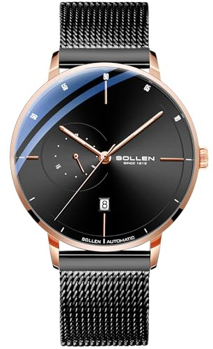 SOLLEN Minimalistische Automatikuhren Herren,Grau Automatische Herrenuhren,Originales Mechanisches Uhrwerk,3ATM Wasserdicht Leuchtend Selbstaufzug Herrenuhr mit Kalendar,Business Armbanduhr für Männer