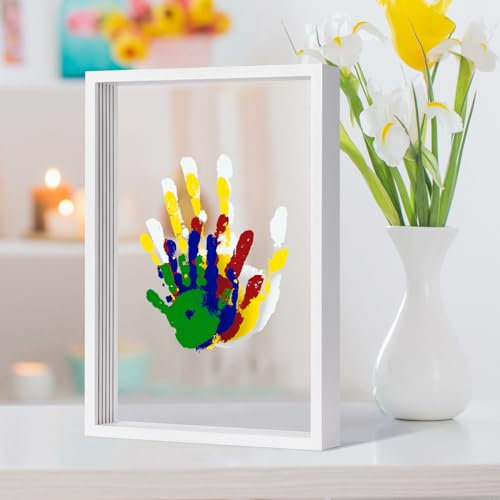 Handabdruck-Set für die Familie, Geschenke für neue Eltern, Familiengeschenke, handgefertigtes Andenken, Holzrahmen, 5 ungiftige Farben enthalten, transparente Blätter (weiß)