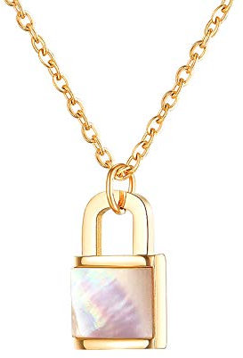 MENDOZZA Pure Schloss Halskette Damen Kette Perlmutt Edelstahl Schmuck Padlock-Anhänger 45 cm Gold