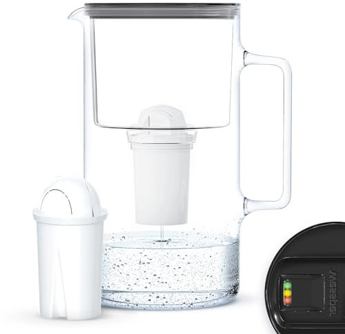 Wessper Carafe Filtrante en Verre pour Eau 3L avec Compteur LED, Remplacement de cartouche Aquaphor Standard, Brita Classic, Dafi Classic, Réduction du Calcaire | Carafe Filtrante + Filtre Eau, Noir