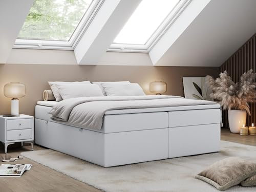 MKS MEBLE Boxspringbett 180x200 ohne Kopfteil mit Bettkasten, Bett 180x200 niedriges Kopfteil, Polsterbett 180x200 ohne Kopfteil - Bess - Weiß Kunstleder - H3