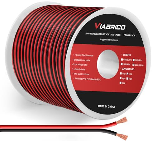 VIABRICO 18AWG 50FT Electrical Wire 2 Conductors Red Black for LED Lighting Strips Flexible Extension Cord 18 Gauge Copper Clad Aluminum Wire 12V/24V DC