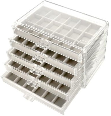 QWORK® joyero acrílico, con 5 cajones, organizador de joyas, almacenamiento de joyas transparente, gris