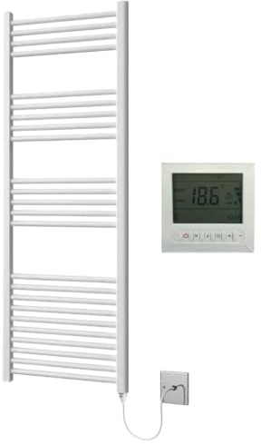 Greened House White Electric Towel Rail Straight 500mm W x 1200mm H + Timer