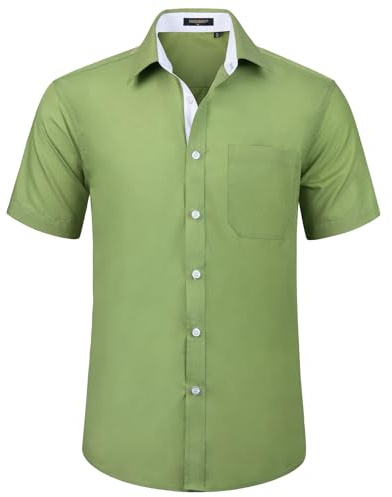 HISDERN Green Dress Shirt for Men Short Sleeve Formal Casual Regular Fit Button Down Business Shirt with Chest Pocket,2XL