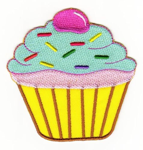 Muffin Gelb Cupcake Aufnäher - Gestickter Patch zum Aufbügeln oder Aufnähen, Applikation für Kleidung, Bügelbild für Kinder und Erwachsene, Größe 8,2 x 8,2 cm