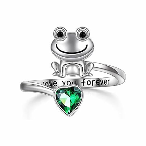 Dishowme Anello a forma di rana di cristallo, con cuore e strass, anello per nocche Love You Forever, regolabile, gioiello per donne e ragazze, Metallo, Strass