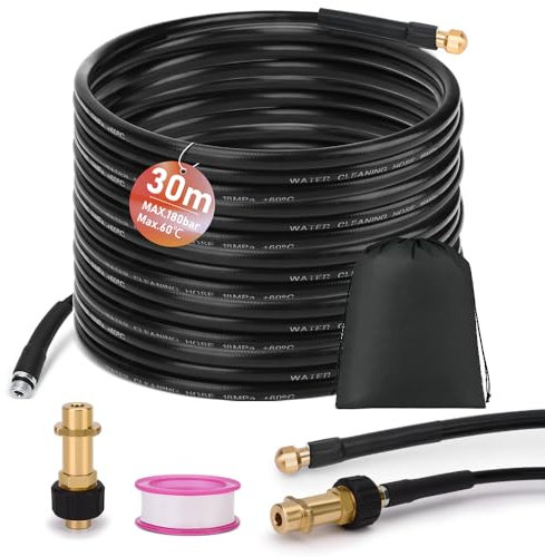 30M Rohrreinigungsschlauch Set für K2 K3 K4 K5 K6 K7, 180Bar 60°C Rohrreinigungsset, inkl. Tasche, Düsen starr, Abflussreiniger Rohrreiniger Hose Abflussschlauch für Hochdruckreiniger