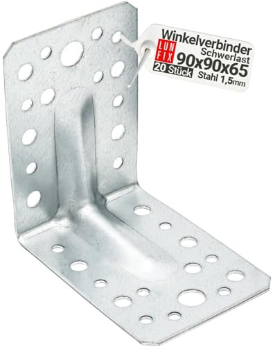 20 Equerre metal renforcées 90x90x65x1,5 mm, connecteurs bois galvanisés avec nervure, équerre support d'angle droit perforée pour menuiserie, fixation meuble, clôture, construction bois