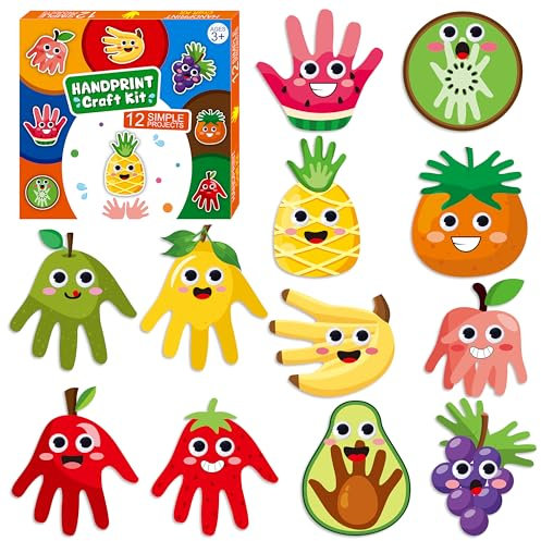 WATINC Fruits Handprint Art Crafts - 12 Pack Fruit Paper Plates Art Sets DIY Cutouts Supplies Orange Grape Kiwi Avocado Classroom Decorations Hand Print Educational Kit for Preschool Children Toddler