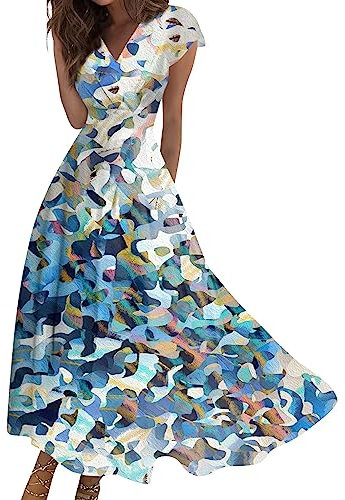 Sommerkleid Damen Tunika Damen Leichte Freizeitkleid Mit Taschen Strandkleid Tunika Damen Sommer Lang Für Rundhals Rockabilly Freizeitkleid Sommerkleider Blusenkleid Damen（5-Sky Blue,L）