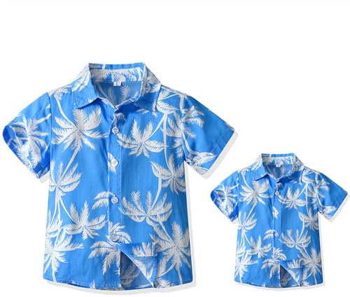 Yoolhamy Chemise Hawaienne Homme Famille Père et Fils Chemise D'été à Manches Courtes Imprimé Feuilles Hauts de Vacances