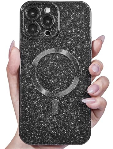 Svanove Glitter Case for iPhone 15 Pro Max Phone Case Magnetic Compatible with Magsafe, Sparkle Bling Shiny Cute Girly Design, Aesthetic Slim Soft TPU Mag Cover for Women Girl, Black