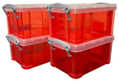 Really Useful Box, 0.7L, Clear Plastic Storage Boxes with Lids, Set of 4 (Red)