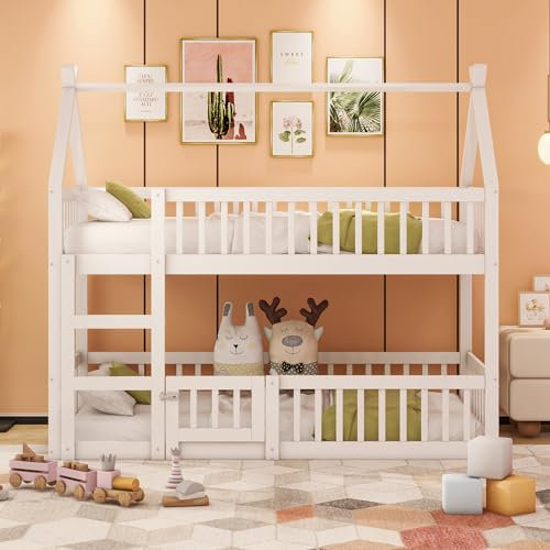 Etagenbett für 2 Kinder, 90x200 cm Kinderbett Bodenbett Hausbett mit Rausfallschutz und Lattenrost,Vollschutzgitter und Türen, Massivholz Doppelbett Stockbett Gitterbett Jugendbett,Ohne Matratze,Weiß