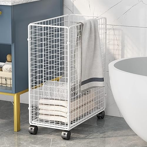 WPJBDS Carrello Portabiancheria con Ruote in Metallo, Cesto Portabiancheria Pieghevole in Metallo con Ruote, Cesto Portaoggetti per Vestiti O Biancheria, per Soggiorno, Bagno(Color:Bianco)