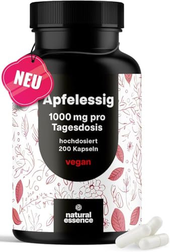 Apfelessig Kapseln - 200 Kapseln Hochdosiert - 1000mg pro Portion - Stoffwechsel Apple Cider Vinegar Kapseln, Apfelessig Tabletten - Vegan und produziert in Deutschland Laborgeprüft