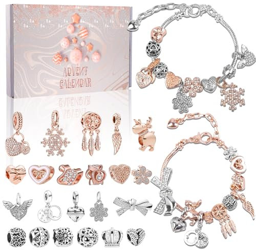 Adventskalender Armband Mädchen, Schmuck Advents 2025, DIY Adventskalender Schmuck mit 2 Armbändern 22 Charm, ADventskalender Charms für Mädchen Frauen Weihnachtskalender Weihnachts Geschenk(Roségold)