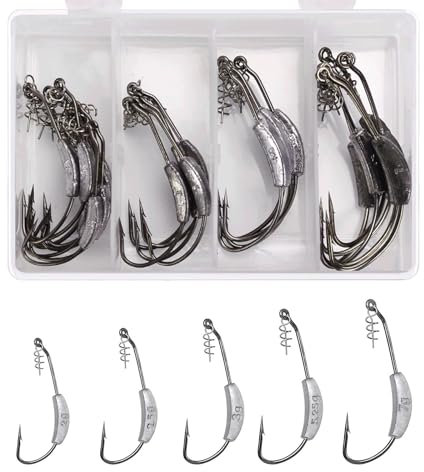 25Pcs Weighted Swimbait Hooks, Jig Heads with Twist Lock, Weighted Fishing Hooks Saltwater Worm Weedless Hooks for Bass Fishing, Mixed 5 Size 1/0 2/0 3/0 4/0 5/0