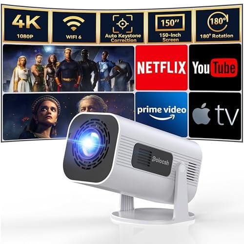 Polocsh Beamer, Mini Beamer 4k Heimkino mit Android 11.0, WLAN6 und BT5.2, 1080P Full HD Mini Projektor mit Auto Keystone, 150″ Display Portable Mini Beamer mit 180° Drehung mit HDMI/USB/AV, Weiß