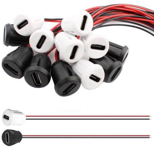 VISSQH 12 PCS USB Type-C Female Chassis,3A 2-pin USB C Soldering Jack with Card Buckle,2 Wire USB C Panel Mount connector,24AWG round USB C Pigtail Cable Extension Power Cable(Black+White)