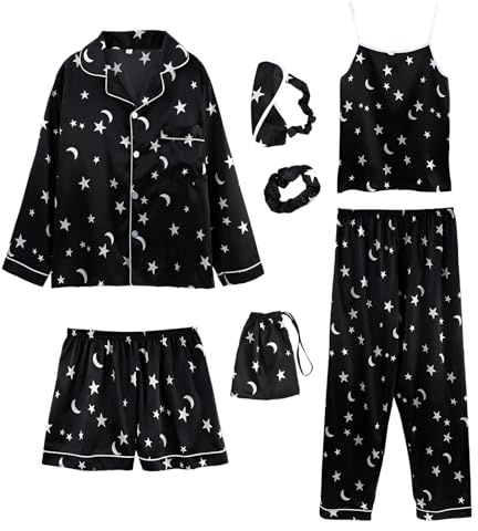 Jamron Damen 7PCS Satin Pyjama Set Frühling Sommer Herbst Tops & Kurze Hose Nachtwäsche