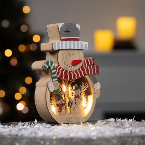Bambelaa! LED Weihnachts Holzdekoration Schneemann Weihnachtsdeko aus Holz für Innen mit 5 warmweißen LEDs Winterdeko Holzfigur Tischdekoration ca. 11 x 3 x 15,8 cm