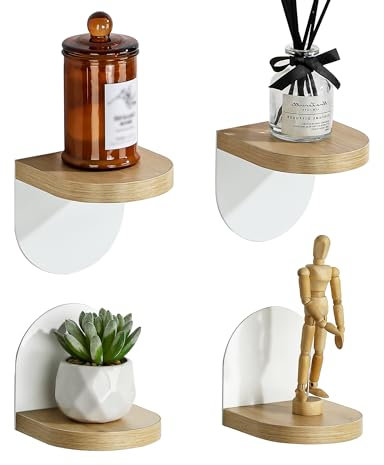 SAYAYO Lot de 4 Petites Etagere Murale Blanche, Tablettes Flottantes en Bois avec Piètement en Métal pour Petits Objets, Tablette Murale de Décoration Rustique pour Chambre, Salon, 10x10CM, Adhésif