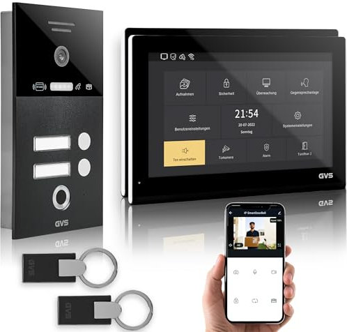 GVS - IP Video Türsprechanlage 2-Familienhaus mit Türöffner (RFID & Fingerprint), HD Kamera, 2X 10 Zoll Monitor & App - Smarte Video Türklingel mit Kamera & Gegensprechanlage (AVS5549U)