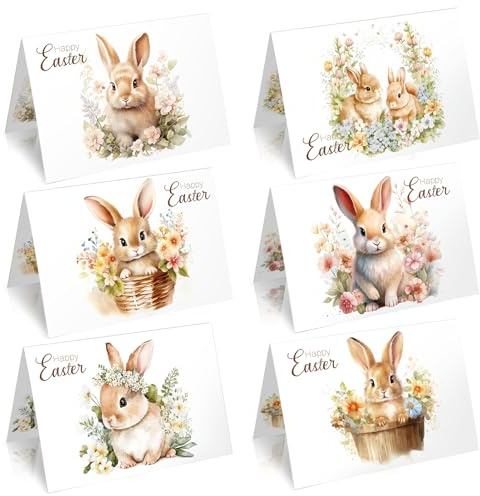 Happy Easter Cards Multipack with Envelopes, Easter Greeting Cards Pack of 12, Easter Egg Floral Bunny Note Cards for Kids and Family, Retro Easter Cards for Easter Party