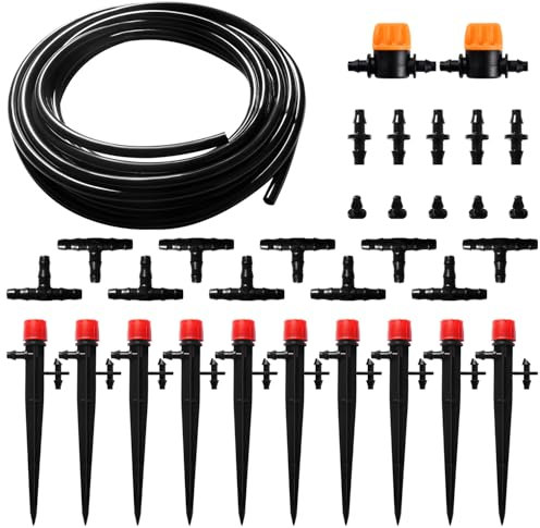 VooGenzek 33 Stücke 4/6 mm Bewässerung Kit, 5m Bewässerungsschlauch, DIY Garten Bewässerungssystem, mit Durchgangsverbinder, T-Verbindungsstück, Schlauchendstopfen, für Terrasse
