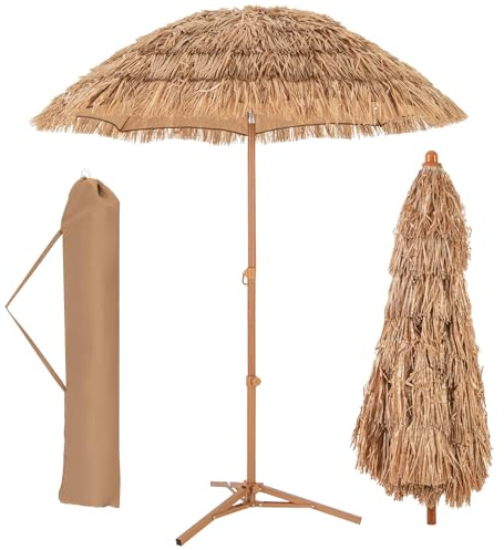 GOPLUS Sombrilla de Playa de Paja PP Hawaiana 2M Inclinable | Parasol de Jardín con Base Plegable, 8 Varillas y Bolsa de Transporte para Terraza, Piscina y Patio