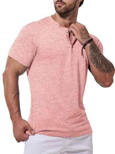 ICEMOOD T-shirt Henley pour homme - Col slim fit - T-shirt athlétique à manches courtes - 3 boutons - Décontracté - Basic Quick Dry Polo, Rose, XXL