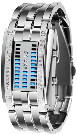 lvifloae Herren binäre Uhr Casual Sports Blue Backlight Fashion Quartz Bewegung LED Digitale Armbanduhr für Outdoor -Partys Edelstahl Uhren (Silber Kleiner Größe)