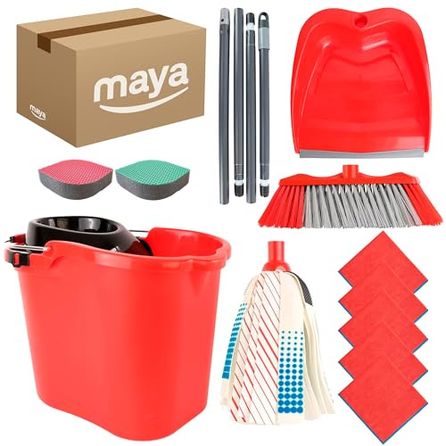 Maya - Set de Limpieza MAX para el Hogar 7 en 1 | Cubo de 16L con Escurridor, Fregona, Escoba, Palo por Secciones, Recogedor, Esponja EVO y Bayeta de Microfibra Terry 200g