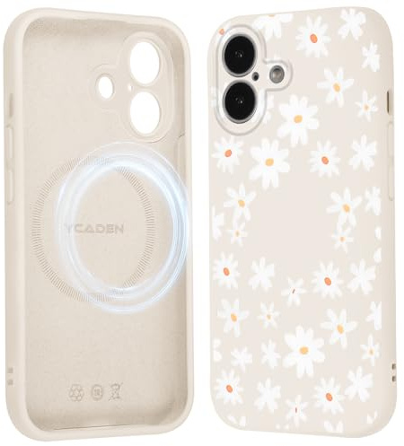 Saqmkil Handyhülle für iPhone 16 Hülle für Magsafe mit Blumen Muster | Aesthetic Bunt Motiv Mädchen Design Magnetische Case, Weich Flüssigem Silikon Stoßfeste Schutzhülle Cover 6,1 Beige 01