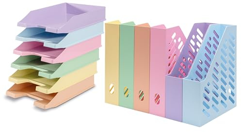Büro Sammler für Zeitschriften und Papiere Hochformat Stehsammler dekorativ und stabil (Pastell Sortiert, 6er Set | Ablage + Stehsammler)