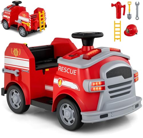 GYMAX Kids Ride on Fire Engine, 12V Children Electric Car with Music, Horn, Lights and Firefighting Toys, Battery Powered Toy Car for 3 Years Old+ (Red)
