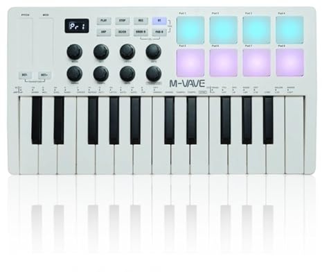 M-VAVE 25 Key USB MIDI Keyboard Controller With 8 Backlit Drum Pads, Bluetooth Piano Keyboard Semi Weighted Professional Dynamic Keybed 8 Knobs and Music Production,Software Included (White)