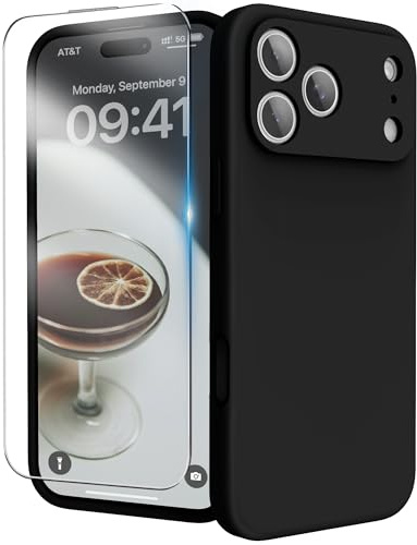 INGIDO für iPhone 17 Pro Silikon Hülle mit Schutzfolie - Schwarz | 6,3 Zoll Flüssigsilikon Hülle Upgraded Kameraschutz Soft Mikrofaserfutter Handyhülle Schutz Case