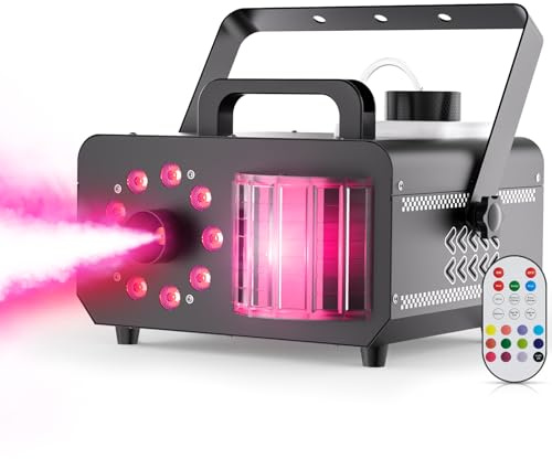 Queenfavor 1200W Nebelmaschine 3000 CFM 9 LEDs RGB Derby-Effekt mit Fernbedienung, 14 statischen Farben Rauchmaschinen Auto-Chasing Jump Pulse Strobe-Modi für Halloween Disko DJ-Bühne Party