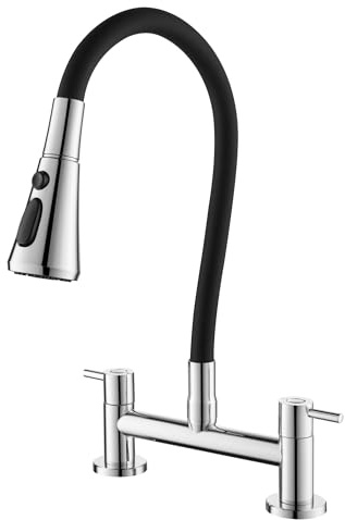 BAITUJIE Kitchen Sink Taps Mixer, 2 Hole Kitchen Faucet with 360° Swivel Flexible Spout Deck Mounted Dual Lever Sink Kitchen Mixer Tap, Chrome and Matte Black